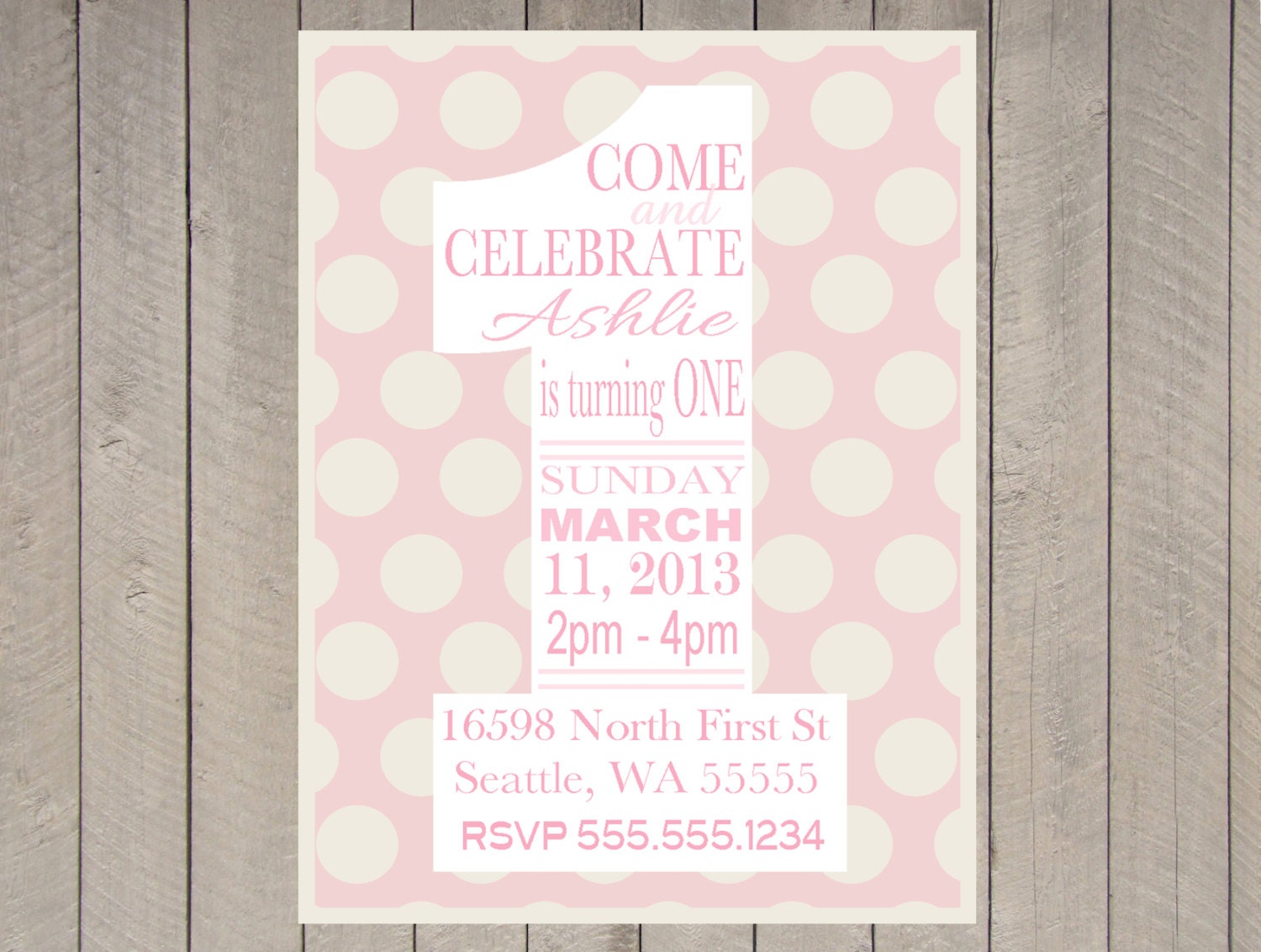 Girls Birthday 1st Invitation, Typography Poster Polka Dot Pink Vintage, Printable