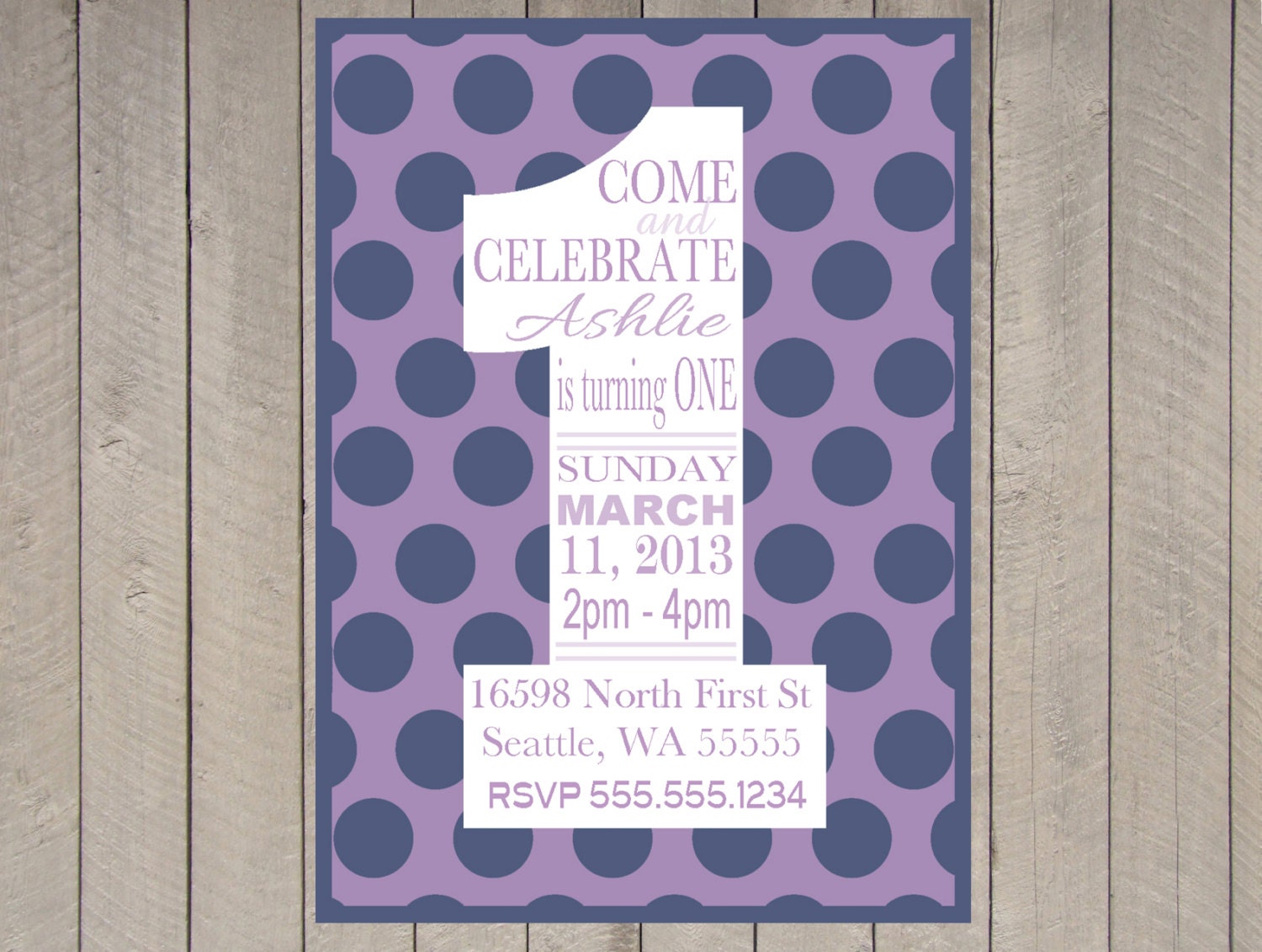 Girls Birthday 1st Invitation, Typography Poster Polka Dot Purple and Navy