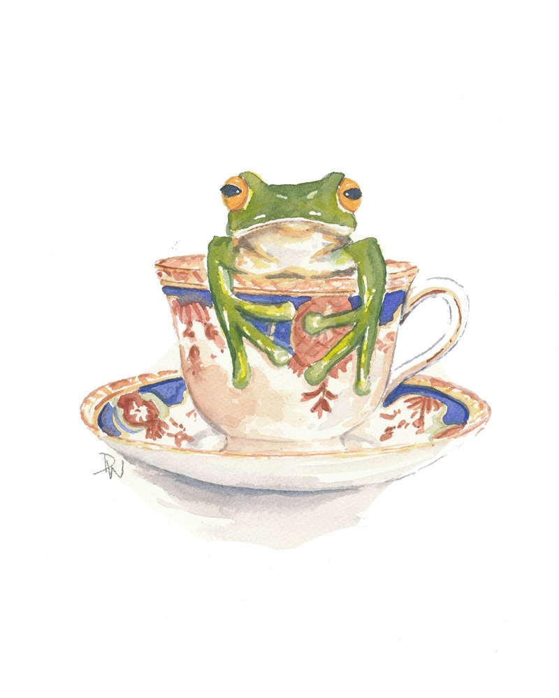 Frog Watercolour Original Painting, Teacup Watercolour, Illustration, Frog in a Teacup, 8x10 Painting