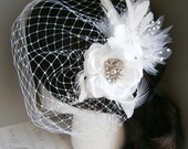 Bridal, Feathered, Fascinator, Feather, Hair clip, Wedding, Accessories, White, Ivory, birdcage, veil, Hair Facinator - WHITE ROSE