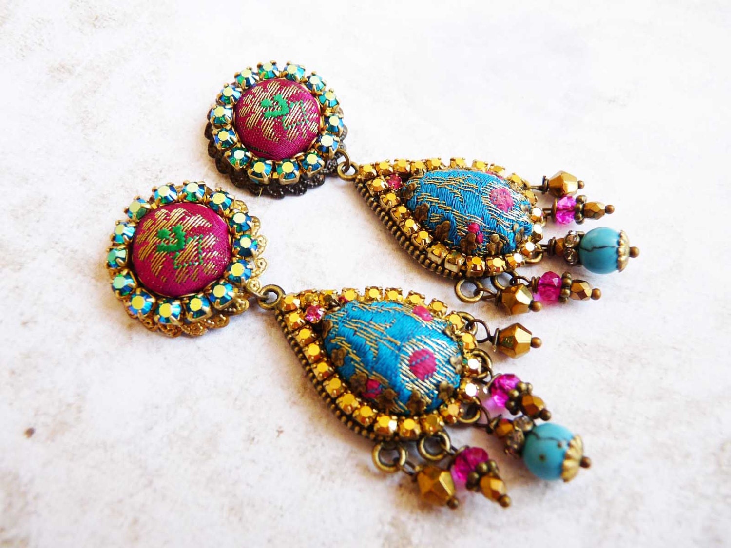 aqua pink sari drop earrings silk brocade rhinestone studs
