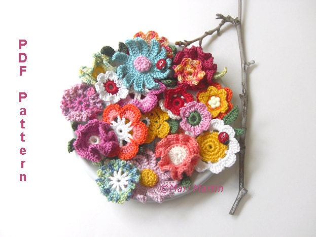 Crochet Flowers Pattern 10 Flowers 3 Leaves Applique Colorful DIY PDF Spring Decor Garden Leaf Tutorial Download Immediately