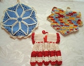 3 Vintage Crocheted Pot Holders Dress Leaf Flower