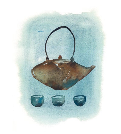 Watercolor painting of Blue japanese teapot, 5X7 art print, tea artwork, kitchen decor