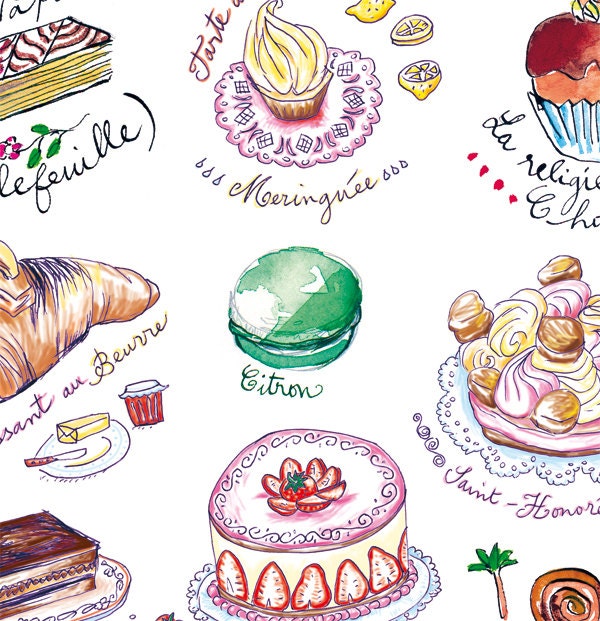 Kitchen art French pastries print 8X10 Cake poster Paris illustration food art French kitchen decor
