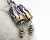 Metallic Silver and Gold Flame Earrings on Handmade Iridescent Purple Polymer Clay Beads with Hematite, Metal Beads