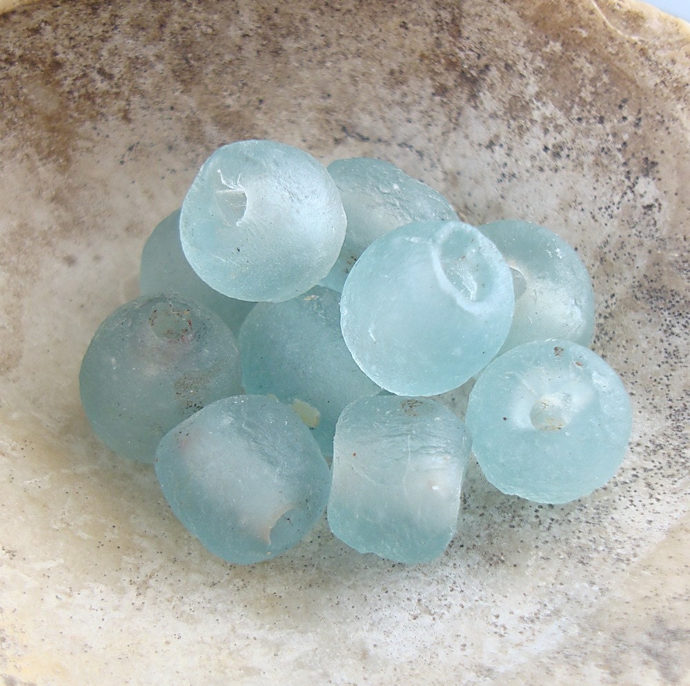 Light Blue African Recycled Glass Beads - 9mm to 10mm - 10 Beads