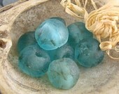 8 Large Turquoise Colored Blue Green African Recycled Glass Beads, Brown Inclusions, Matte Finish