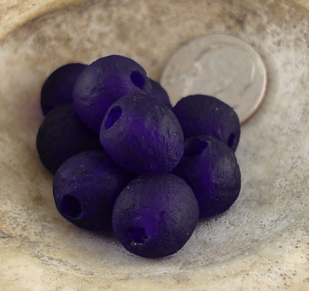 10  Dark Cobalt Blue African Recycled Glass Beads, Matte Finish, 10mm to 11mm