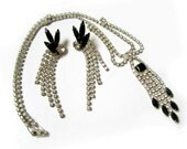 Vintage Black Drop Rhinestones Necklace Choker and Pierced Earrings