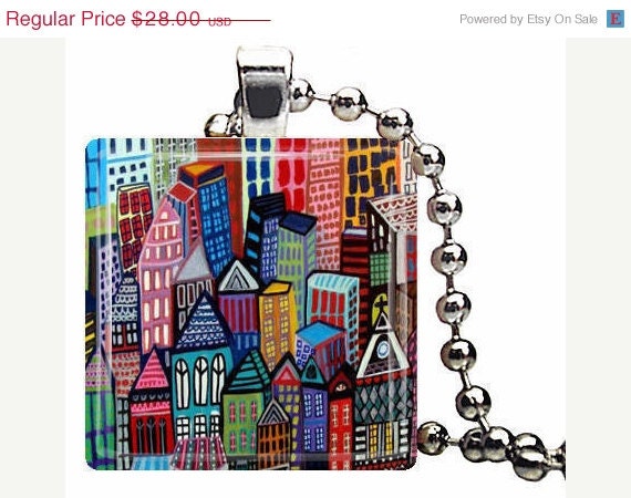 50 OFF SALE - New York City Pendant Necklace Charm NYC Ny Manhattan Necklace Dog Tag Jewelry Silver Glass Christmas Gift abstract - Wedding
