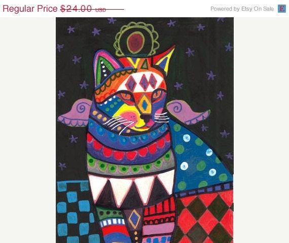 50% OFF SALE - Cat Art - Cat Art - CAT Folk Art Print Poster Courtly Checks Angel Cat Portrait - Wedding Gifts