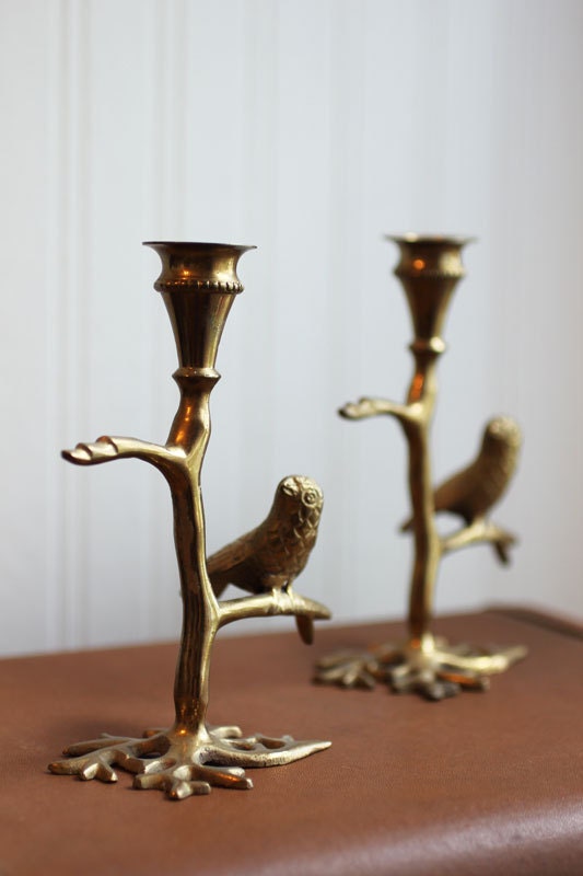 Brass Candlestick Holder, parakeet figurine, bird, branch, Pair of brass bird candlestick, Vintage, Art Deco