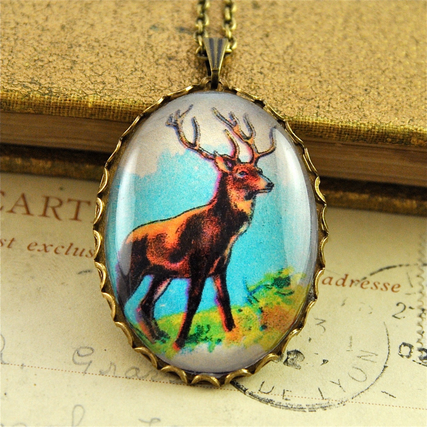 Bronze and Blue Woodland Deer Vintage Illustration Art Pendant Necklace