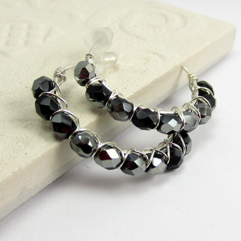 Sterling Silver Wire Wrapped Hoops. Black Beaded Hoop Earrings. Beaded Hoop Earrings. Czech Glass Crystals.