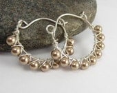 Sterling Silver Wire Wrapped Hoop Earrings. Topaz Pearl Earrings. Khaki Pearl Hoops. Wrapped Hoop. Swarovski Pearls. Beige Earrings.