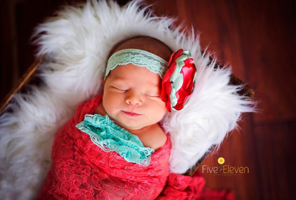 Gorgeous Baby Girl Headband Coral and Mint Satin Lace Headband. Newborn Girl. Wedding Hair. Photo Prop.