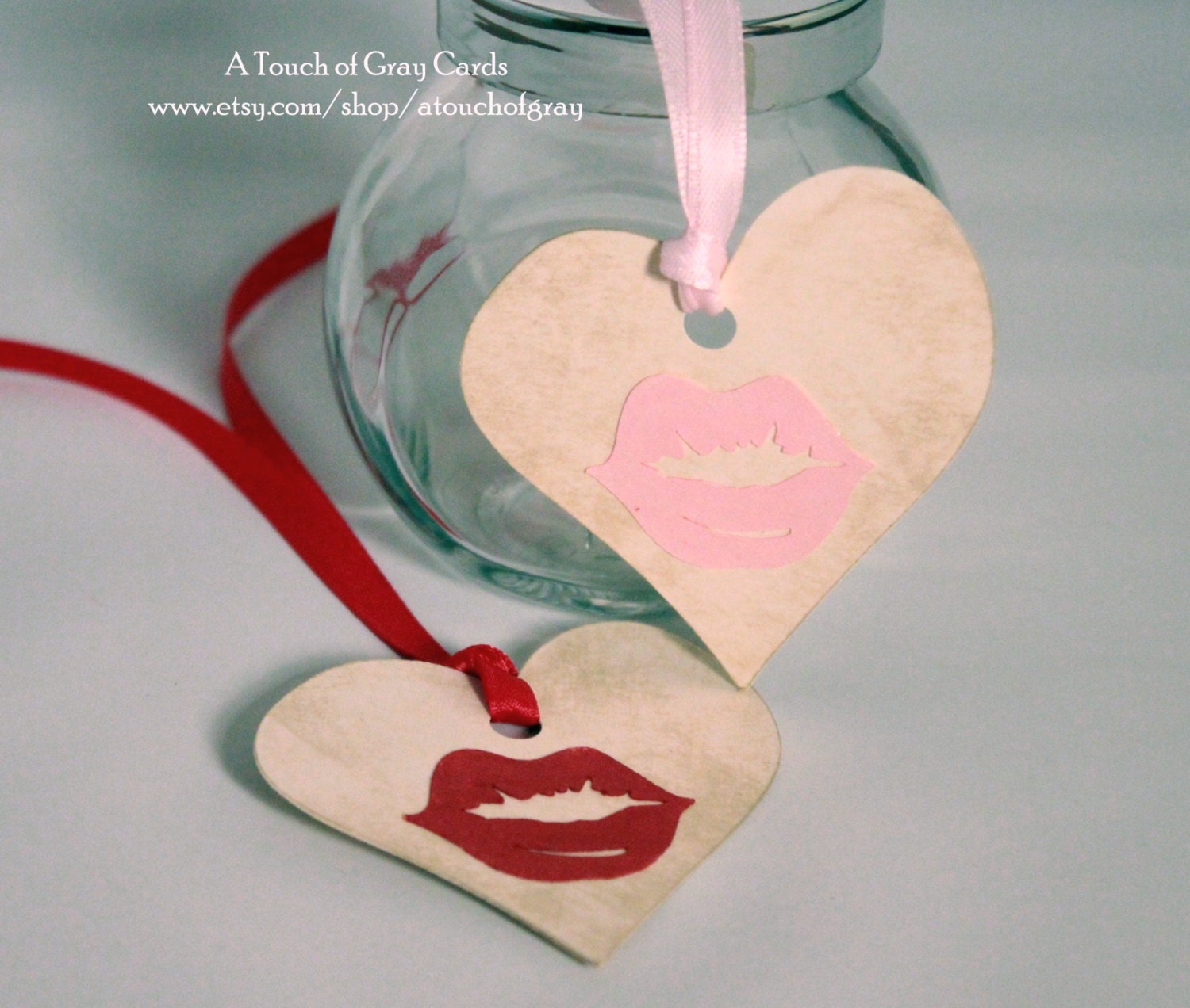 Valentine's Day Tags (Doubled Layered) - A Kiss is A Kiss - Handmade Vintage Inspired Valentine's Day Gift Tags (Choice of Color) - Set of 8