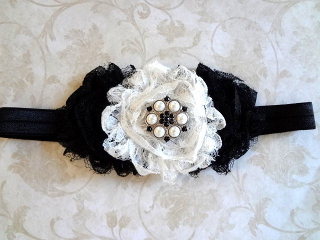 Black and White Flower Headband - Lace Flower Headband. Newborn Headband. Baby Headband. Infant Headband. Baby Hair Accessories