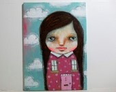 whimsical painting folk painting whimsical art painting mixed media original painting 5x7 inch canvas board - This little house of mine