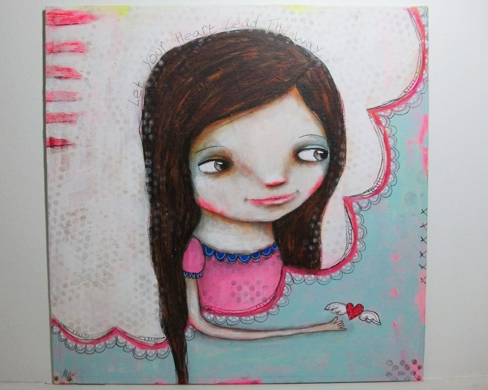 whimsical girl painting folk art whimsical mixed media original painting 30x30 cms canvas board - Let your heart lead the way