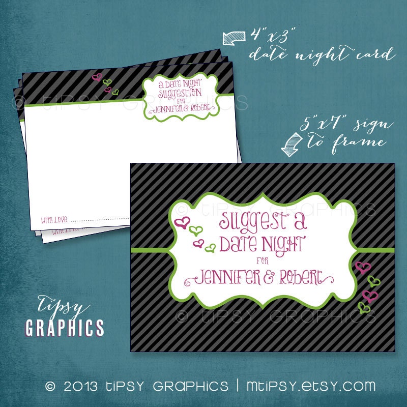 Date Night Suggestion. Printable Mini Cards by Tipsy Graphics. Any colors. Bridal Shower. Wedding Shower. Engagement Party Game Il_170x135