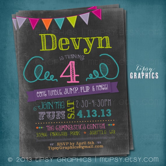 Tumble, Jump Flip & More. Chalkboard Trampoline Bounce House or Little Gym Birthday Party Invite by Tipsy Graphics Il_570xn
