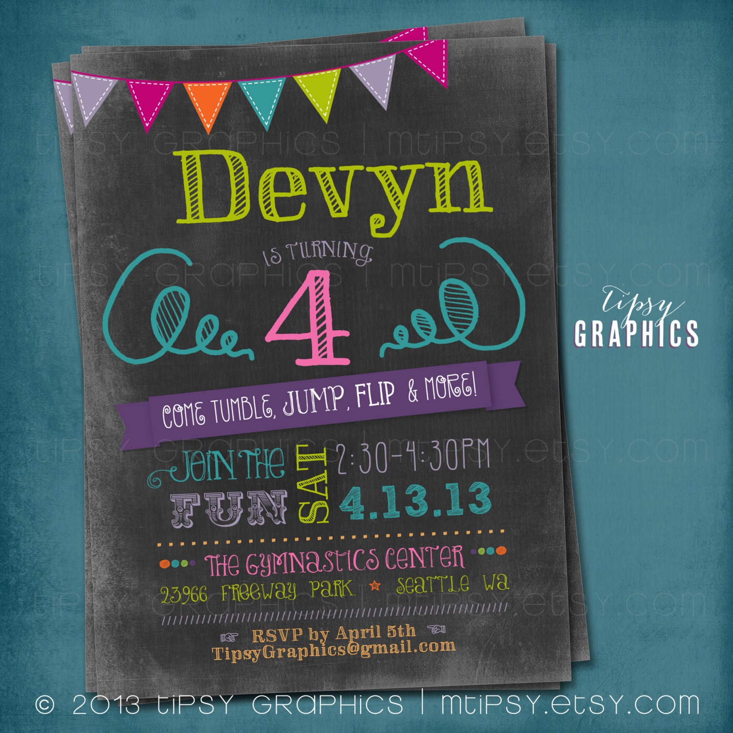 Tumble, Jump Flip & More. Chalkboard Trampoline Bounce House or Little Gym Birthday Party Invite by Tipsy Graphics