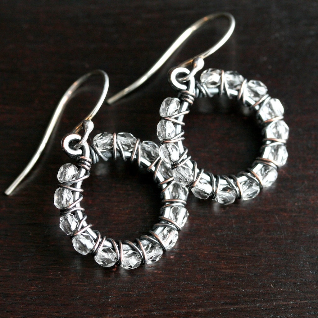 Handmade beaded dangle earrings, wire wrapped, oxidized, copper, Czech glass, circle hoops, Mimi Michele Jewelry