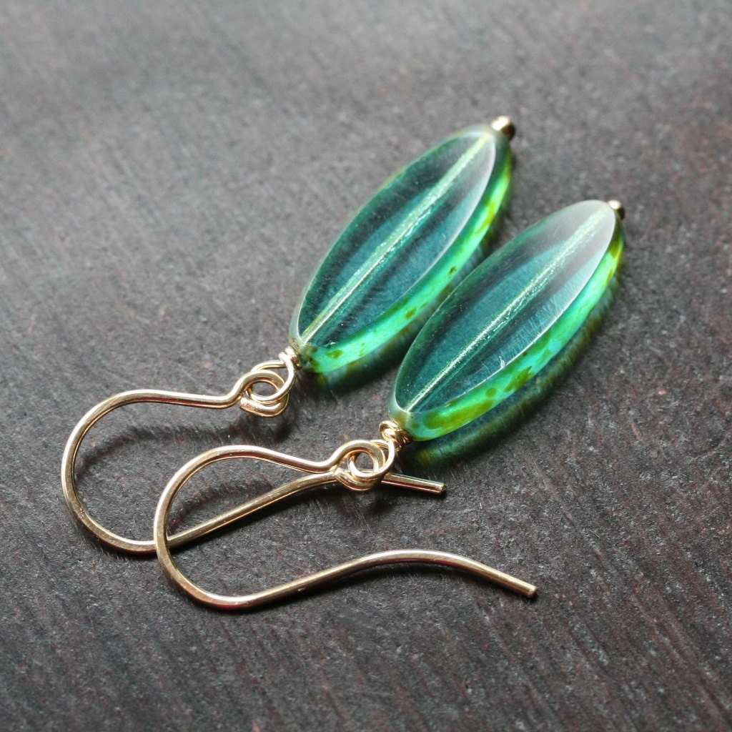 Handmade glass bead earrings, wire wrapped dangle earrings, green, teal, aqua, Czech glass, dangle drop earrings, Mimi Michele Jewelry