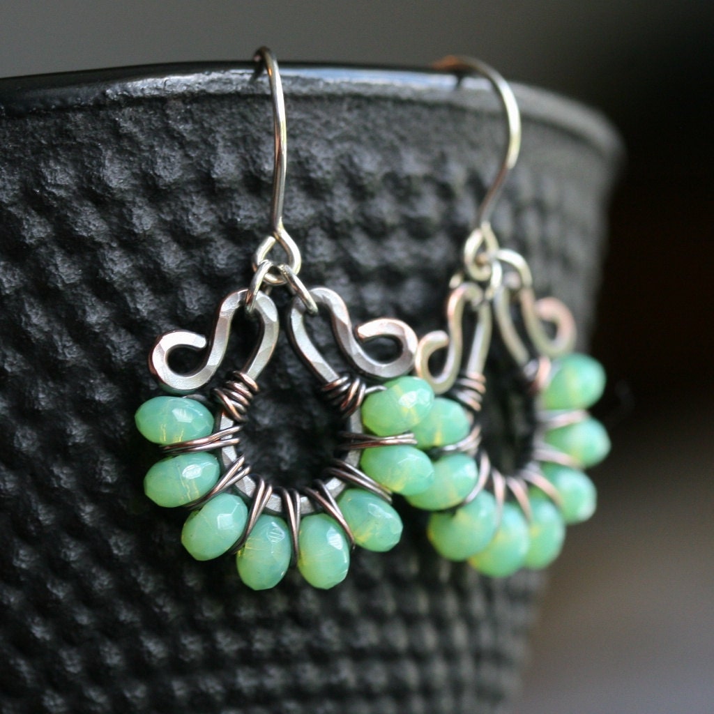 Handmade green dangle earrings, oxidized copper, beaded, wire wrapped earrings, Czech glass, sterling silver, Mimi Michele Jewelry