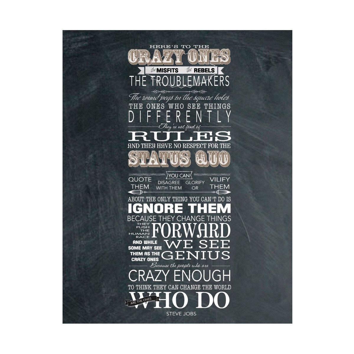 Here's to the Crazy Ones - Word Art Prints - on Canvas - 16x20 Apple Inc. Steve Jobs quote