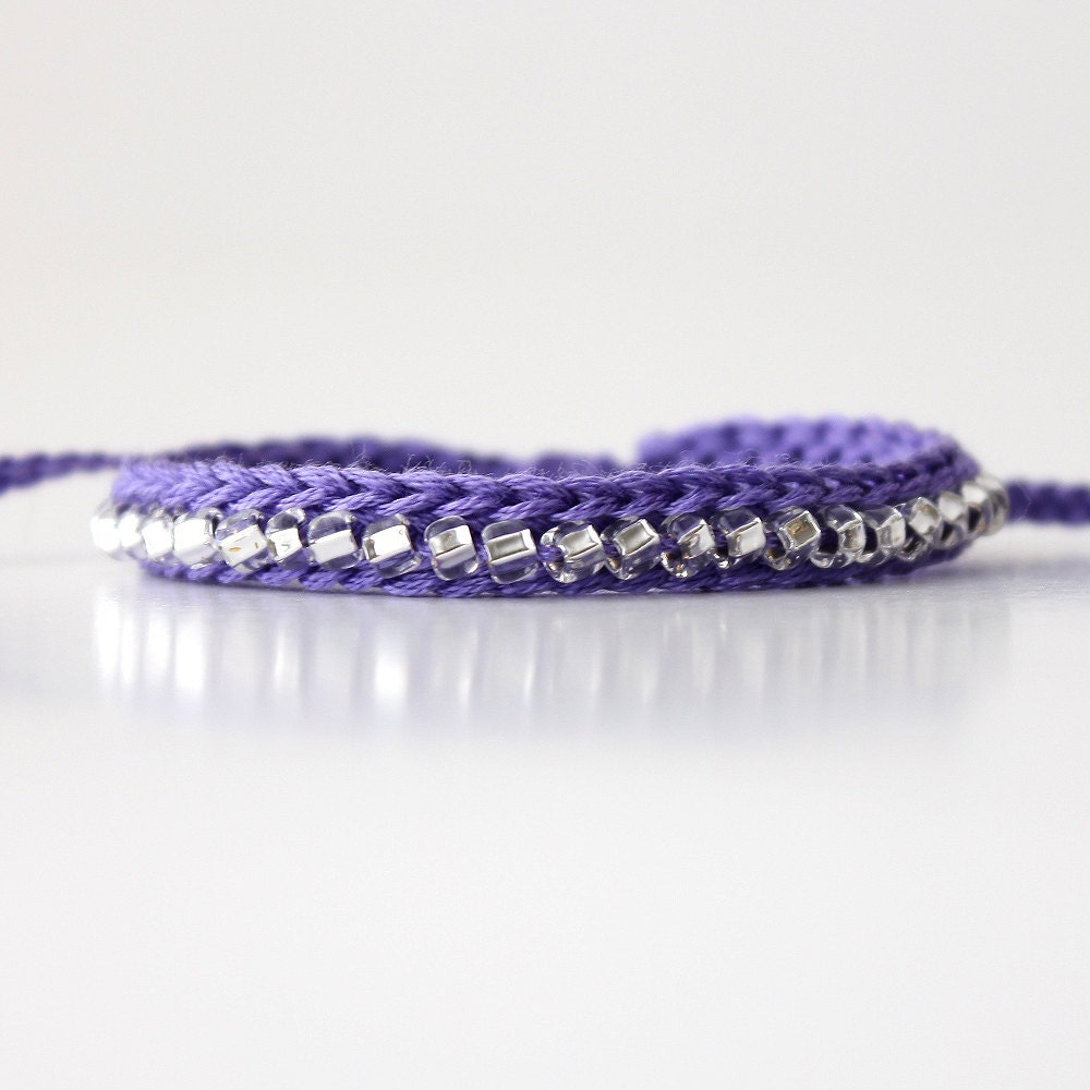 Friendship Bracelet, African Violet bracelet, Silver beads, crocheted bracelet, pantone spring 2013, crocheted jewelry