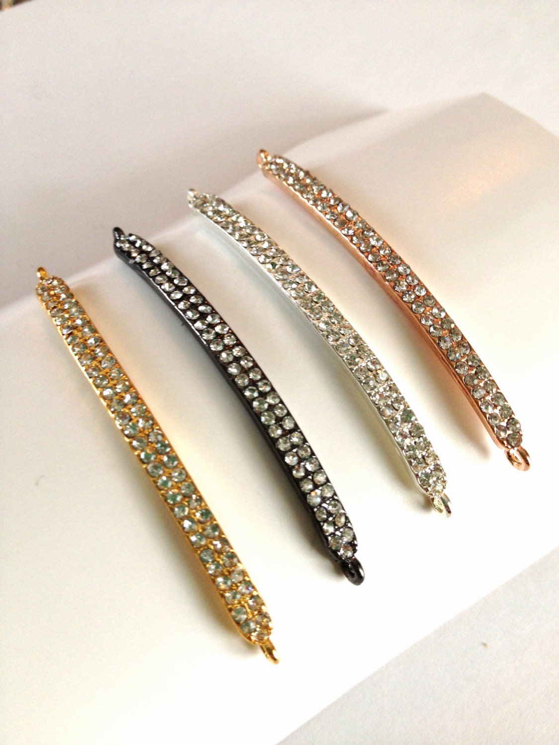 ONE Bling Rhinestone Long Thin Flat Curved Crystal Metal Connector Dainty Gold Silver Gunmetal Rose Gold Clear jewelry Making Arm Candy