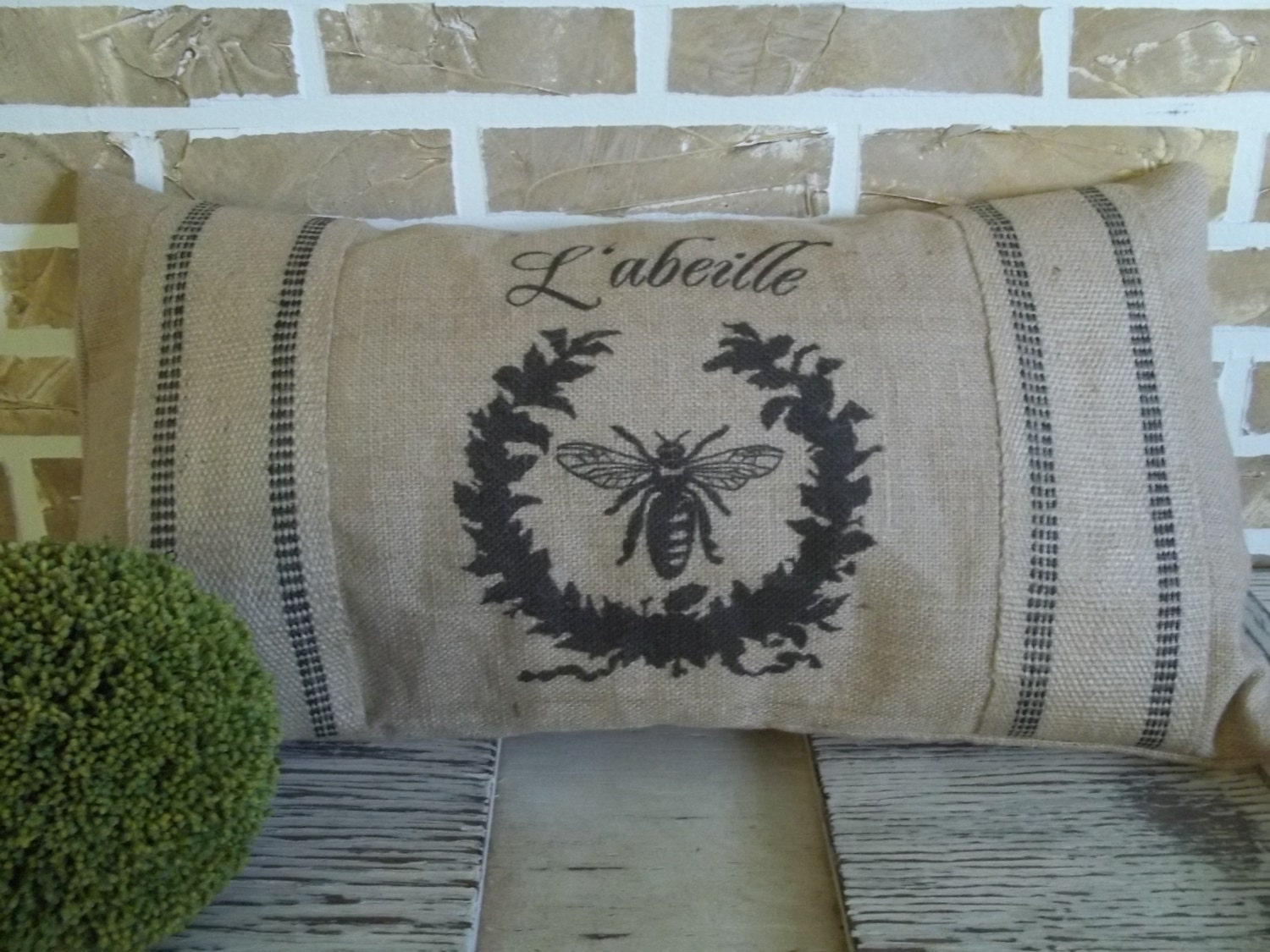 French Bee Burlap Pillow - L'abeille - Black Stripe