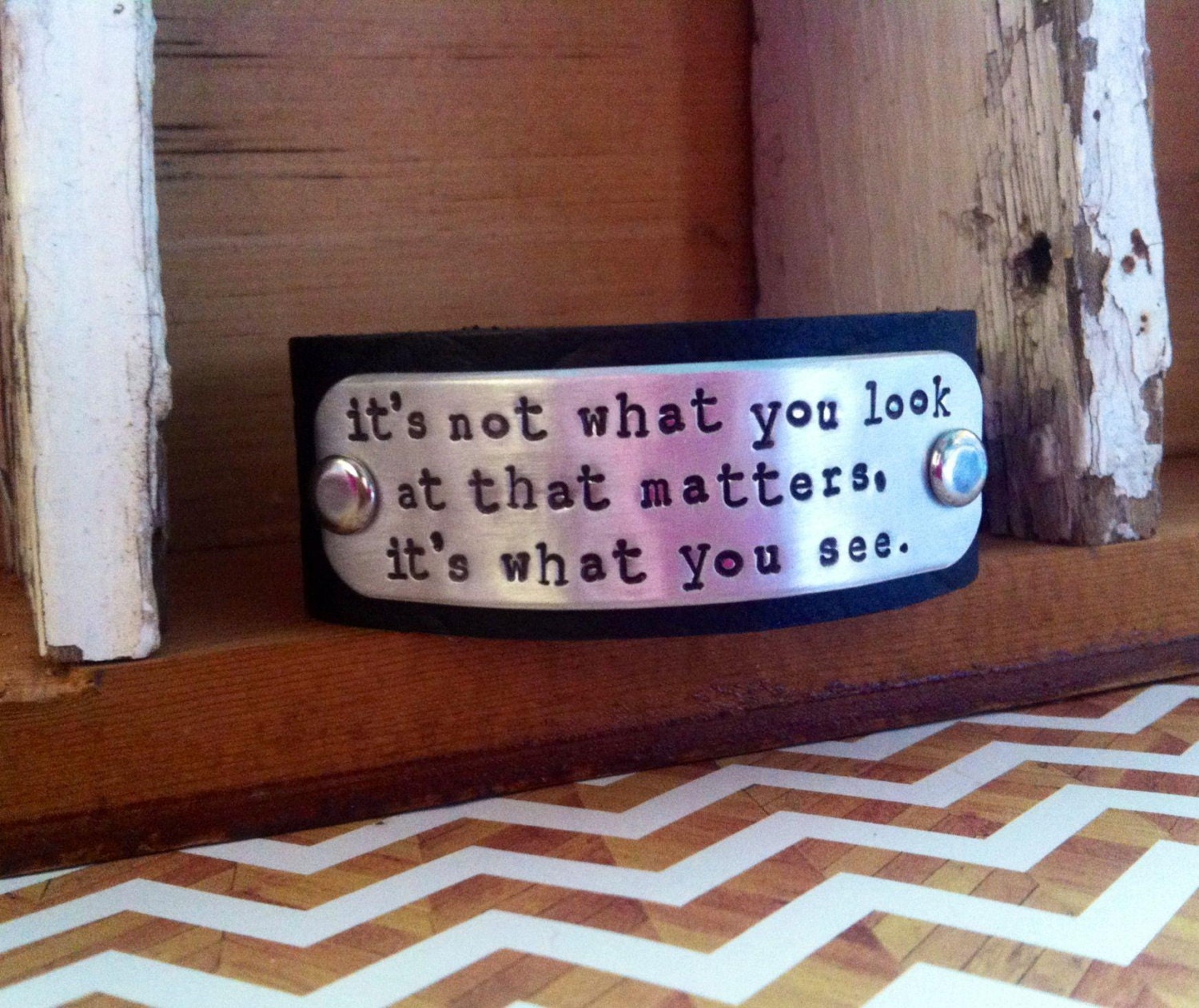 NEW-Hand Stamped Custom Phrase Black Leather Cuff-Unisex