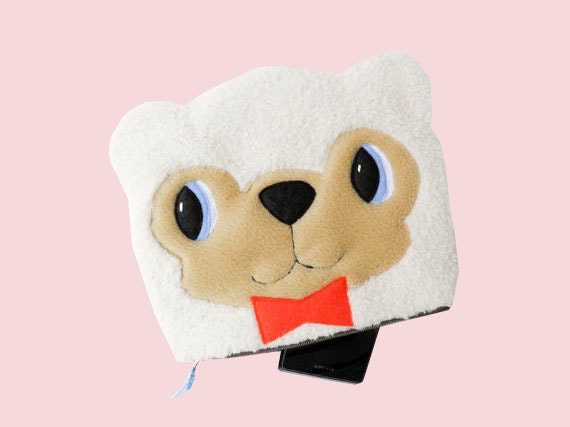 8inch polar bear zipper pouch with an orange bowtie -  in white fluffy fleece