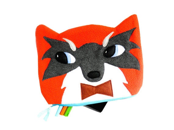 8inch red fox zipper pouch with a bowtie - phone case -  in fleece
