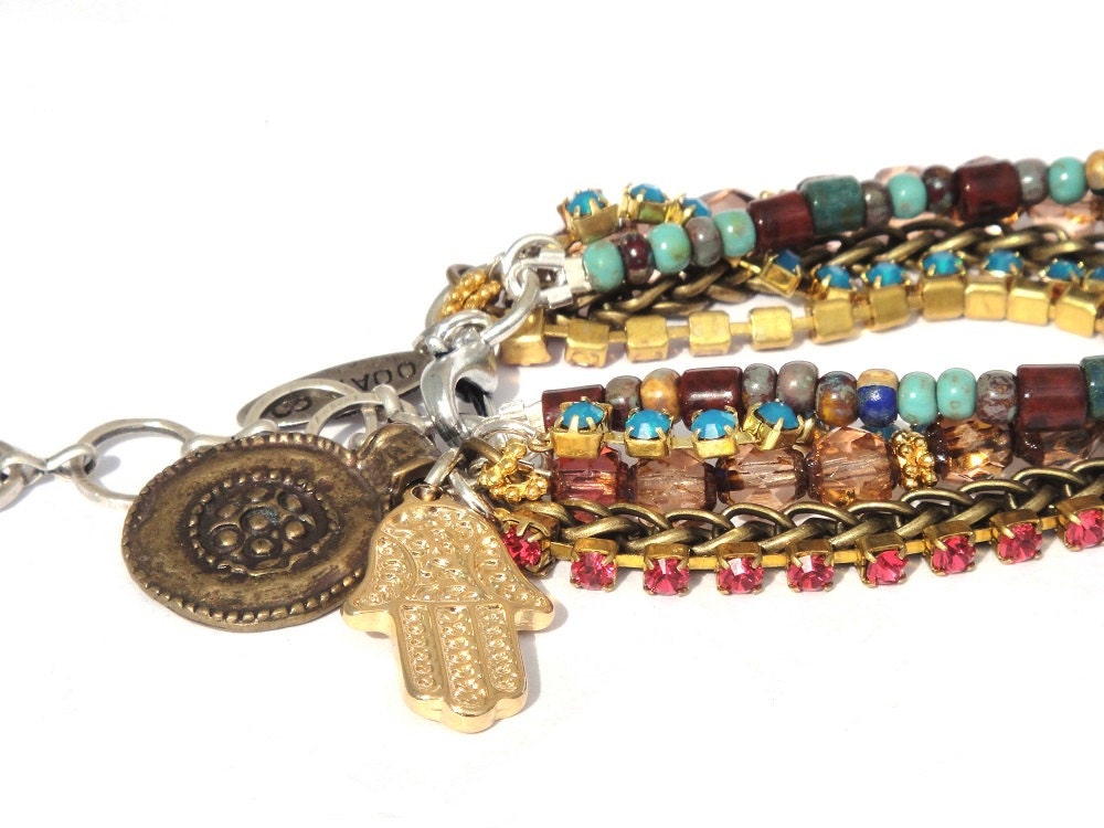Multiple strands beaded hamsa hand and coin bracelet with genuine Swarovski chrystal cupchains - fatima hand bracelet - hippie bracelet