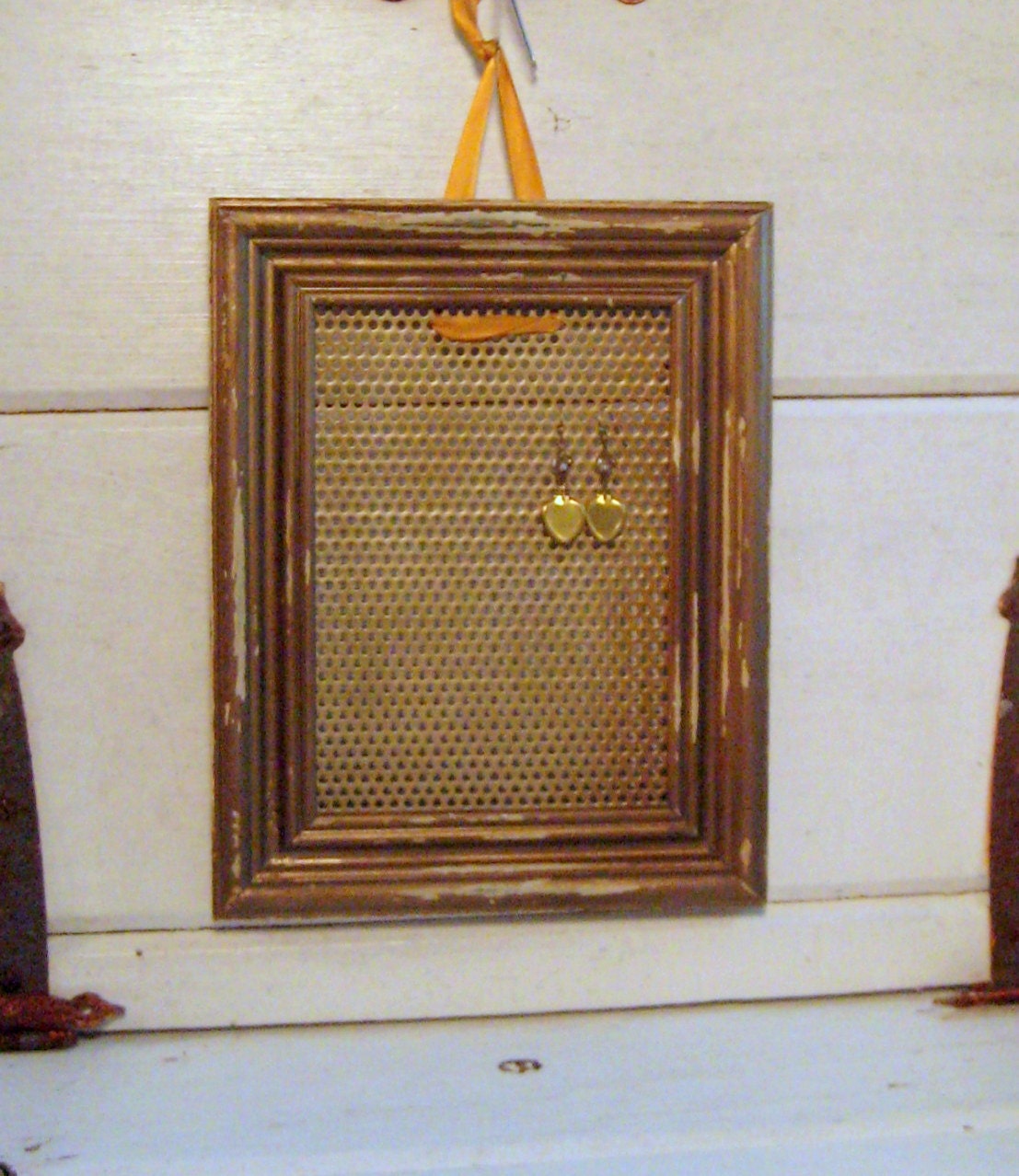 Distressed Wood Framed Earring Holder, Earring Display with a magnetic gold painted wood frame
