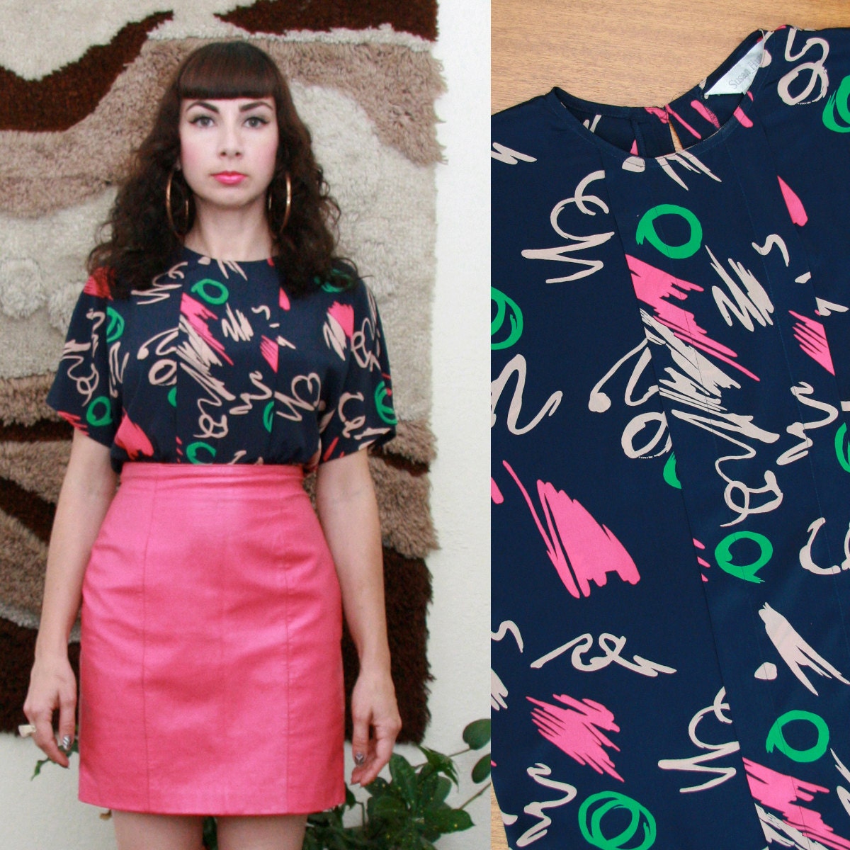 vintage 80s Absract Print Blouse Medium