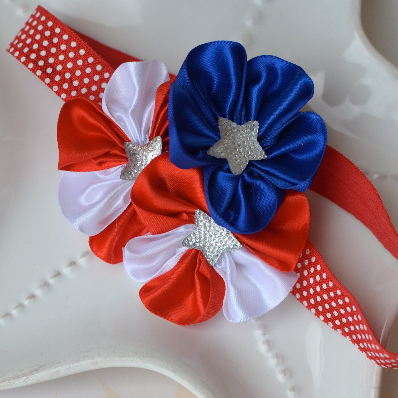 Stars and Stripes Patriotic Flower Headband- Chevron or Dots Elastic