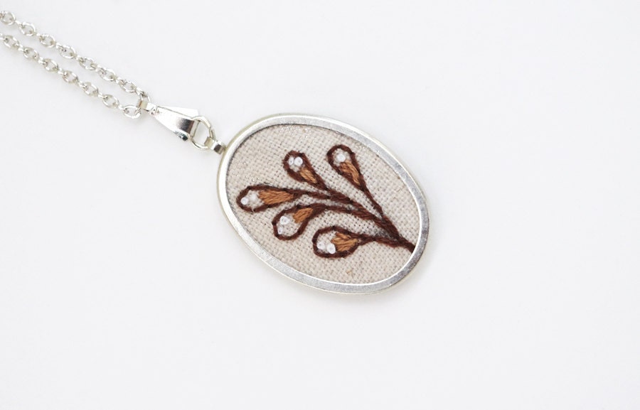 Botanical Fiber Art Jewelry in Natural, Earthy Neutral Tones, Brown and Tan Leaves Embroidered Necklace - Pendant & 18" Silver Chain