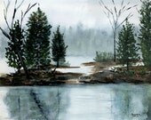 Watercolor print - Watercolor Landscape Painting - pine trees - lake scene painting - nature art 8x10 green summer home decor