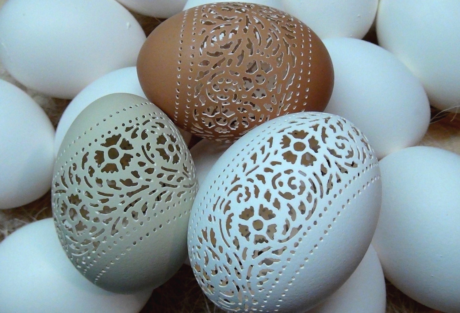MADE TO ORDER - Hand Carved Victorian Lace Chicken Egg -  Floral Band