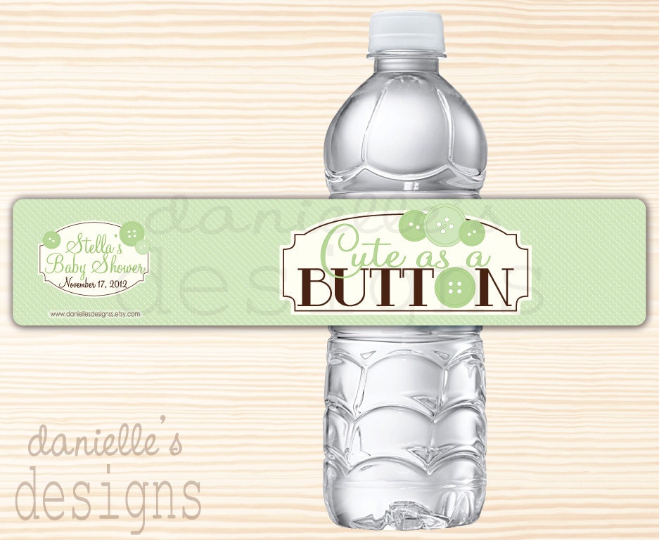 Cute as a Button - Soft Mint Green Personalized Baby Shower Waterproof Water Bottle Labels  - 35 Labels