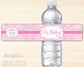 Oh Baby - Cute Pink Damask Personalized Baby Shower Waterproof Water Bottle Labels  - 14 Labels
