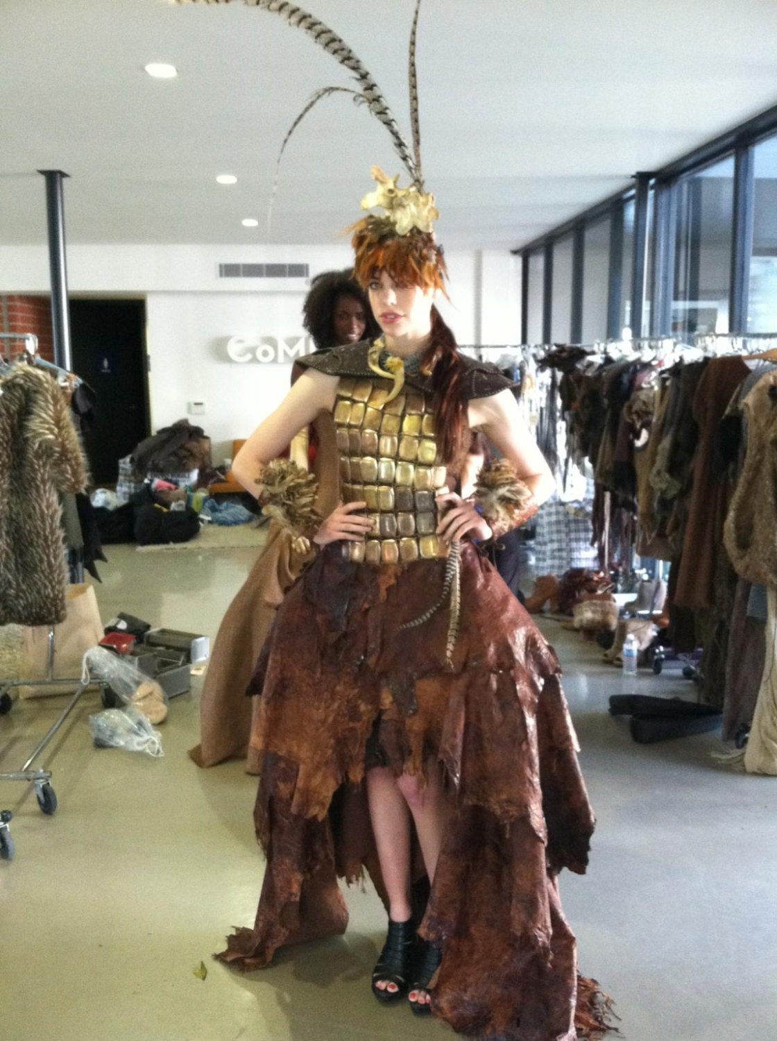Cave girl cap. Leather fake fur, feathers and Vertebrae.