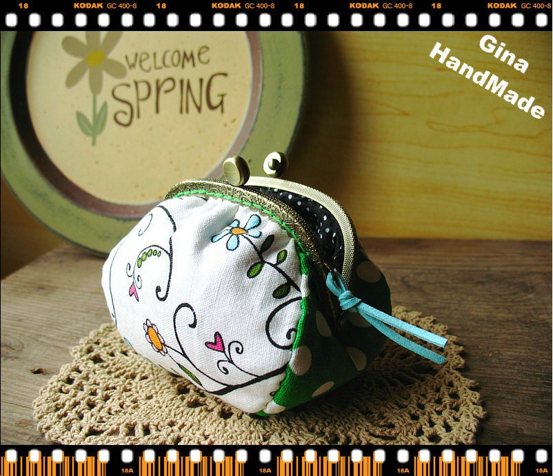 Green  Metal frame purse/coin purse / Coin Wallet /Pouch / Kiss lock frame bag-GinaHandMade