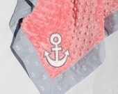 Brand New Item - Minky Baby Girl Blanket- Michael Miller Light Gray Anchors Away with Coral Pink Minky and Applique Anchor